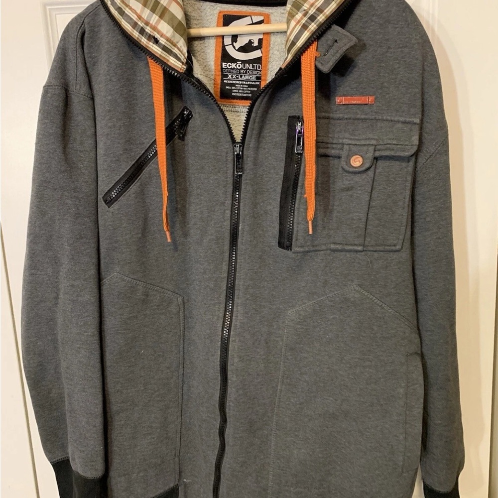 Vtg Ecko Unlimited mens Sz XXL Gray Jacket with Plaid Lining Y2K hoodie‎